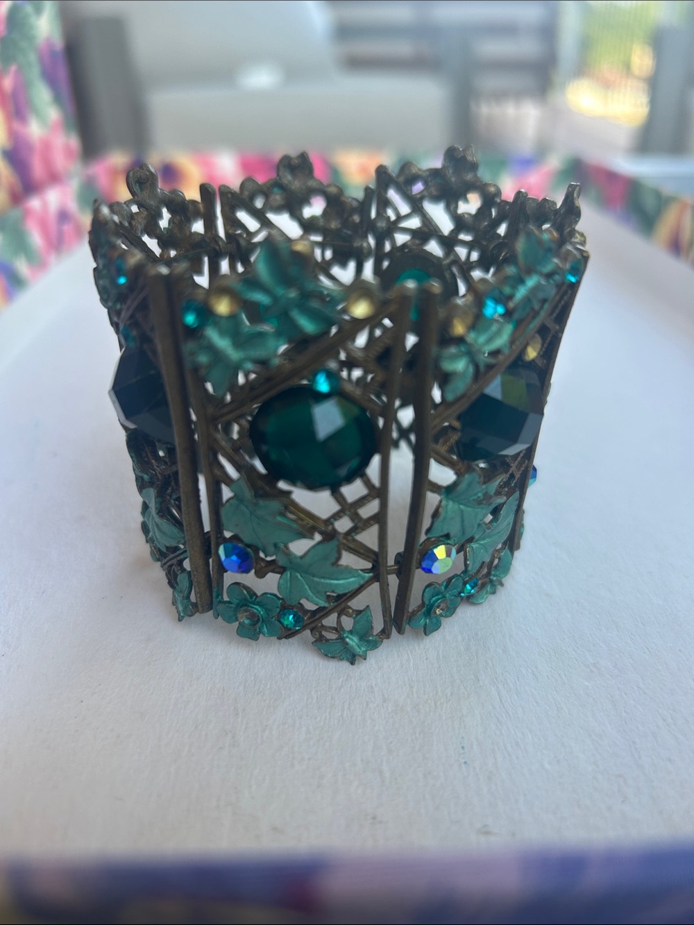 Antique-Style Filigree Cuff Bracelet with Teal Stones